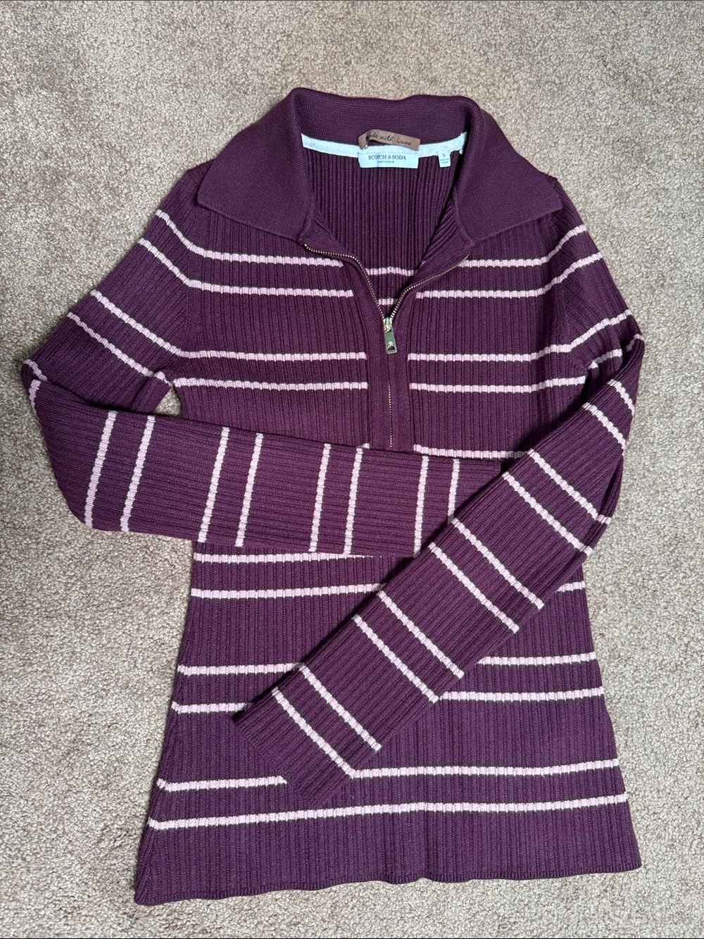 NWOT Scotch & Soda Purple and Light Pink Striped Ribbed Half-Zip Sweater
